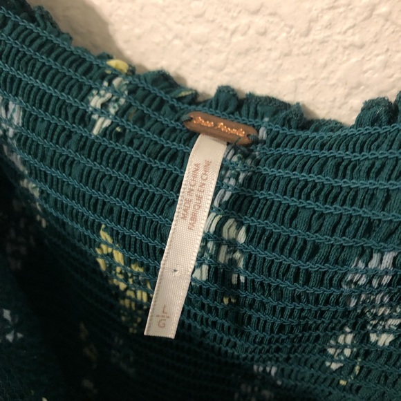 FREE PEOPLE Delta Dawn Emerald Green Floral Mesh Square Neck Smock Top Large - Picture 6 of 11